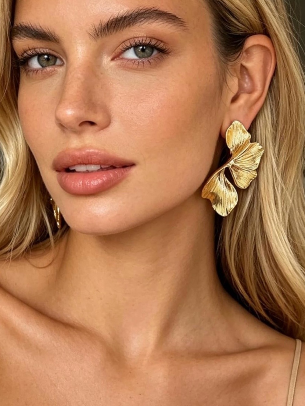 Gold Floral Petal Drop Earrings FAST SHIPPING!! - Picture 2 of 2